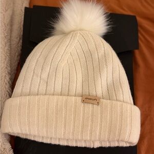 Melin Ivory Knit Beanie with Fluffy Pom Pom